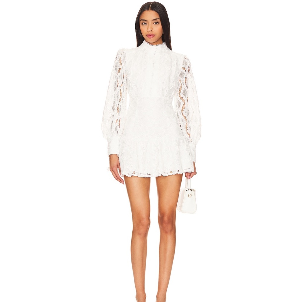 Bardot Long Sleeve Mini Dress Women’s Small Ivory Lace Bridal High-Neck Revolve